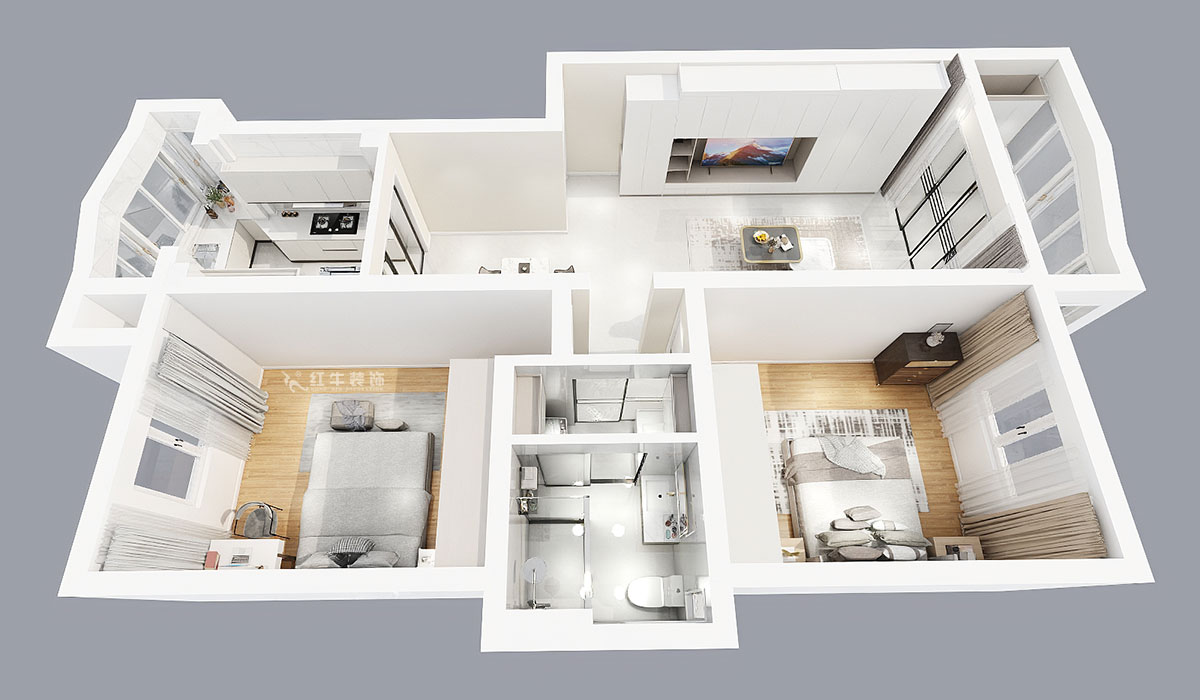 張智猿｜彩虹苑10-31-202-90㎡-現代風格｜2室2廳1衛｜老房裝修｜定制家｜全包14萬｜00_05鳥瞰圖