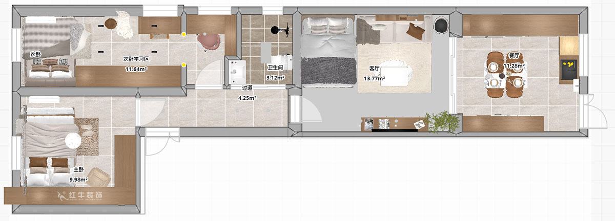 吳波｜王府園22-1-101-76㎡-現代簡約風格｜2室2廳1衛｜舊房裝修｜定制家｜全包12萬｜00_04平面彩圖