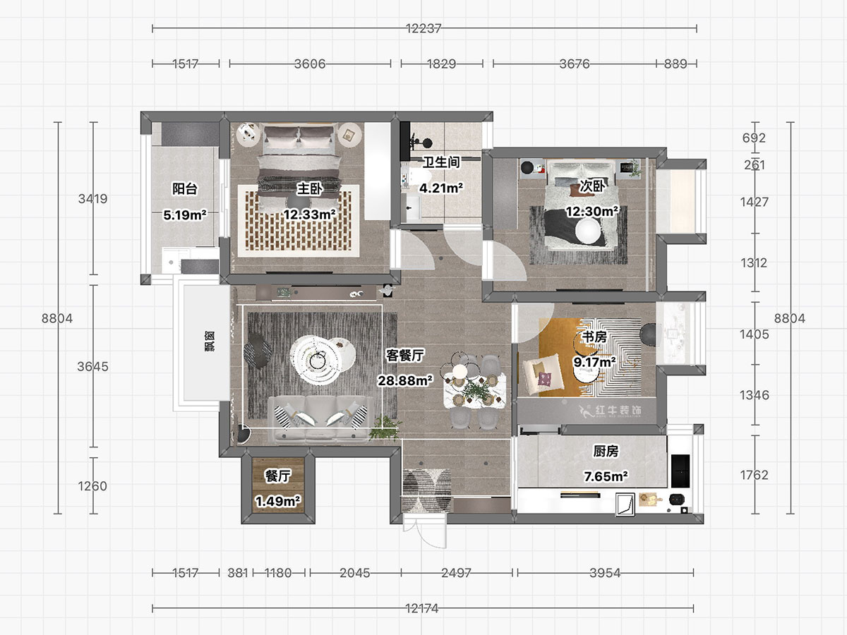 朱彥｜恒山花苑1-3-703-106㎡-現代簡約風格｜3室2廳1衛｜新房裝修｜定制家｜全包14萬｜00_03平面彩圖