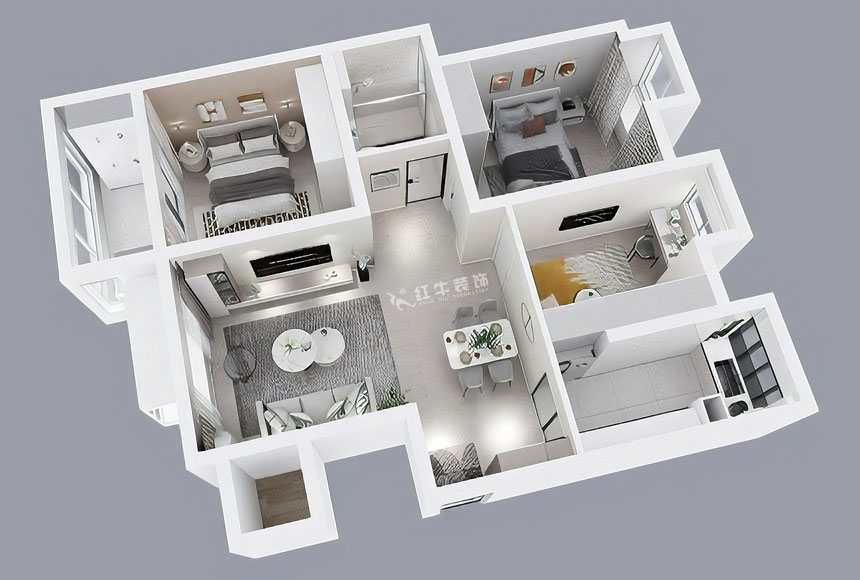 朱彥｜恒山花苑1-3-703-106㎡-現代簡約風格｜3室2廳1衛｜新房裝修｜定制家｜全包14萬｜00_04鳥瞰圖