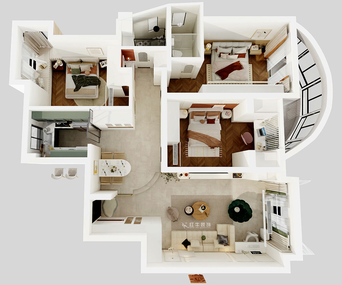 顧娟｜翠島花城荷田苑6-101-135㎡-現代簡約風格｜3室2廳2衛｜舊房裝修｜定制家｜全包19萬｜00_04鳥瞰圖