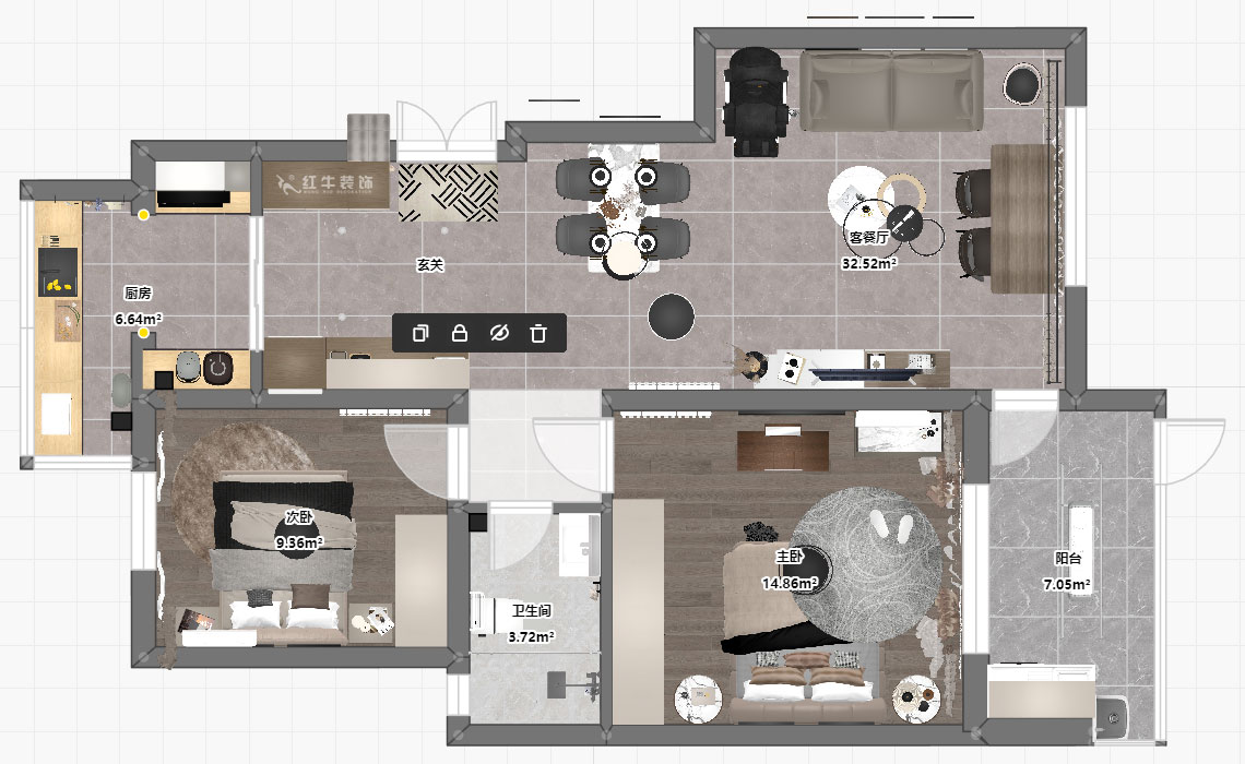 蔣琛｜鴻運嘉園12-104-90㎡-現代簡約風格｜2室2廳2衛｜老房裝修｜定制家｜全包13萬｜00_03平面彩圖
