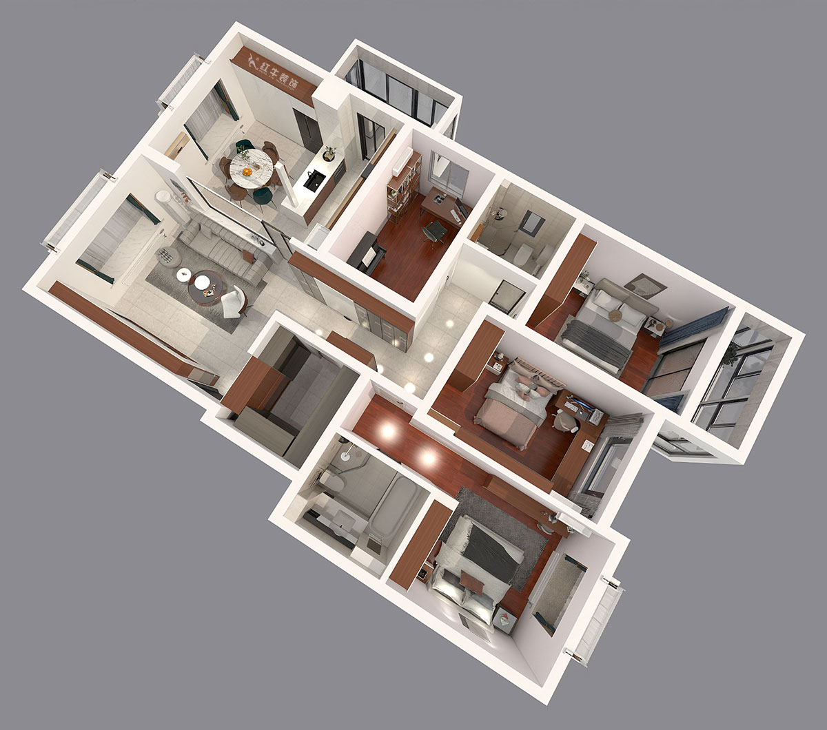 陸利民｜東郊美樹苑2-901-150㎡-現代簡約風格｜4室2廳2衛｜舊房裝修｜定制家｜全包21萬｜00_05鳥瞰圖