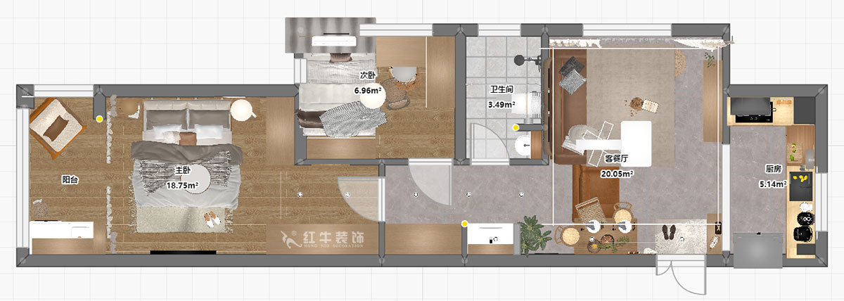 朱彥｜觀泓雅苑7-7-1710-75㎡-現代簡約風格｜2室1廳1衛｜新房裝修｜定制家｜全包10萬｜00_03平面彩圖