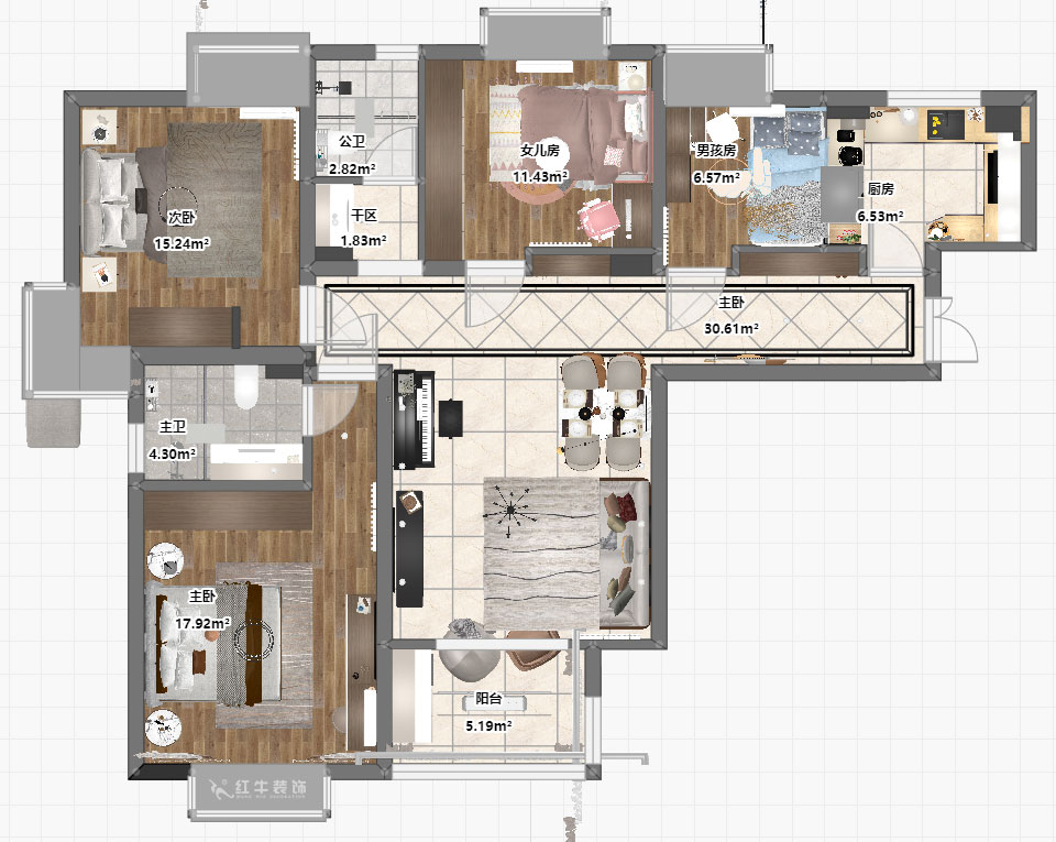 劉小勇｜萬和源居4-2-1608-130㎡-現代簡約風格｜3室2廳2衛｜老房裝修｜定制家｜全包18萬｜00_03平面彩圖