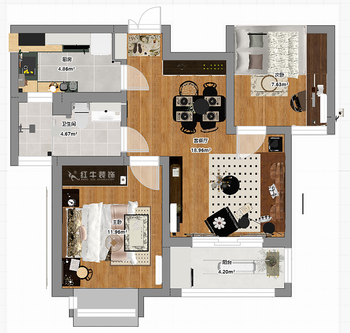 蔣琛｜天潤城十三街區(qū)23-802-65㎡-現(xiàn)代簡約風格｜2室1廳1衛(wèi)｜老房裝修｜定制家｜全包11萬｜00_03平面彩圖