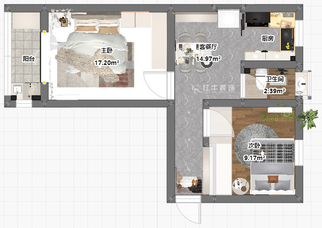 朱明琪｜碑亭巷139號(hào)2-503-57㎡-現(xiàn)代風(fēng)格｜2室1廳1衛(wèi)｜老房改造｜定制家｜全包12萬｜00_03平面彩圖