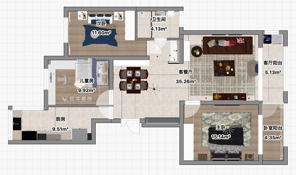 朱彥｜托樂嘉吉鄰居3-905-110㎡-現代風格｜3室2廳1衛｜老房裝修｜定制家｜全包15萬｜00_03平面彩圖