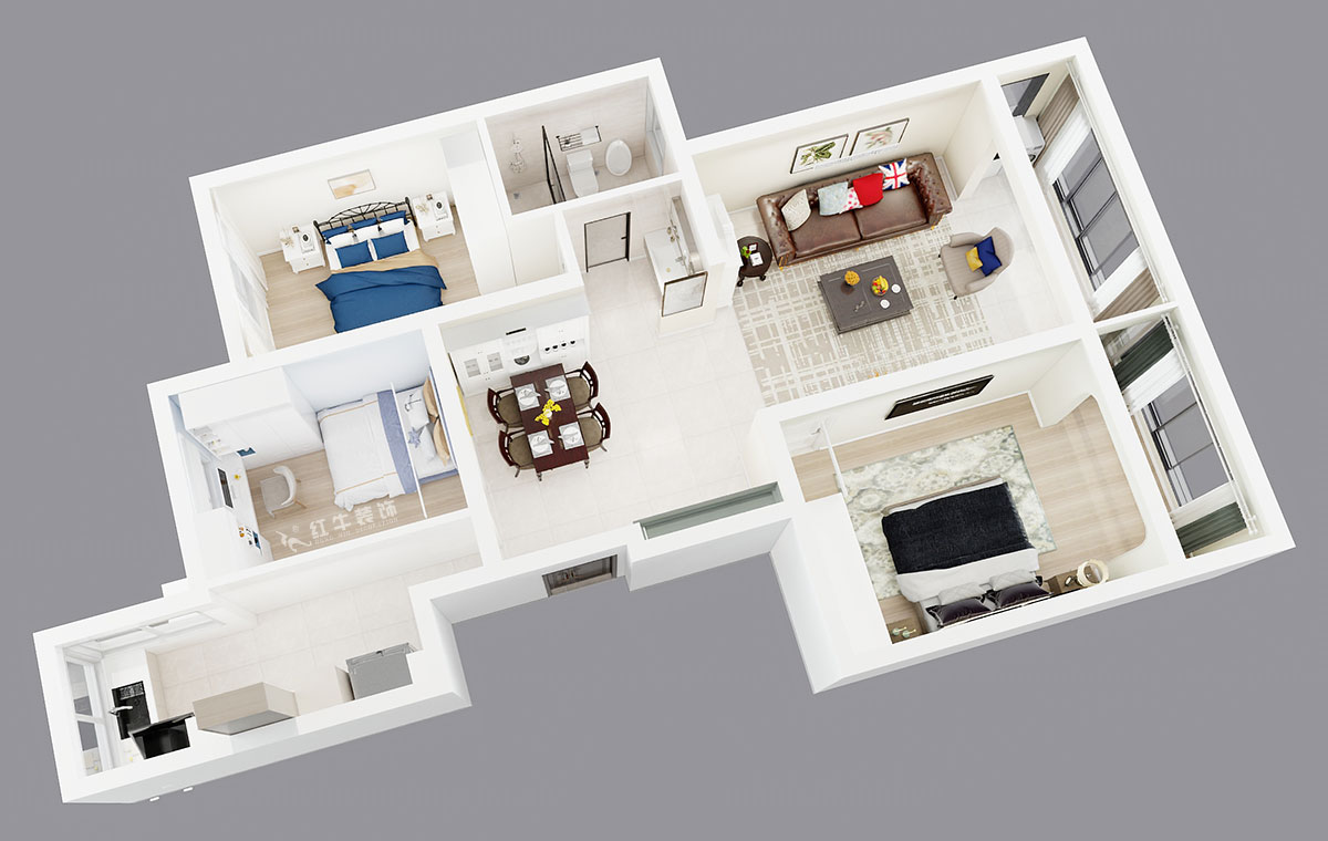 朱彥｜托樂嘉吉鄰居3-905-110㎡-現代風格｜3室2廳1衛｜老房裝修｜定制家｜全包15萬｜00_04鳥瞰圖