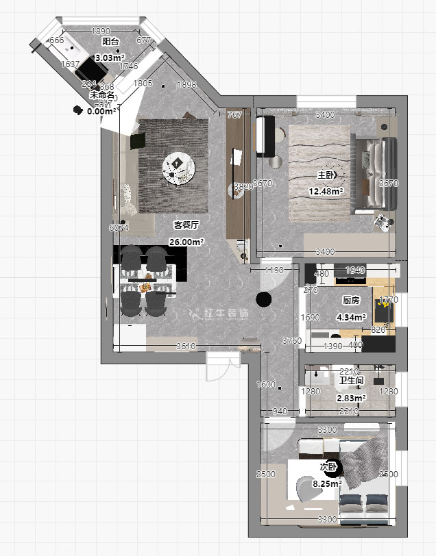 孟憲濤｜北門橋10號1508室-85㎡-現代簡約風格｜2室2廳1衛｜老房裝修｜定制家｜全包12萬｜00_04平面彩圖
