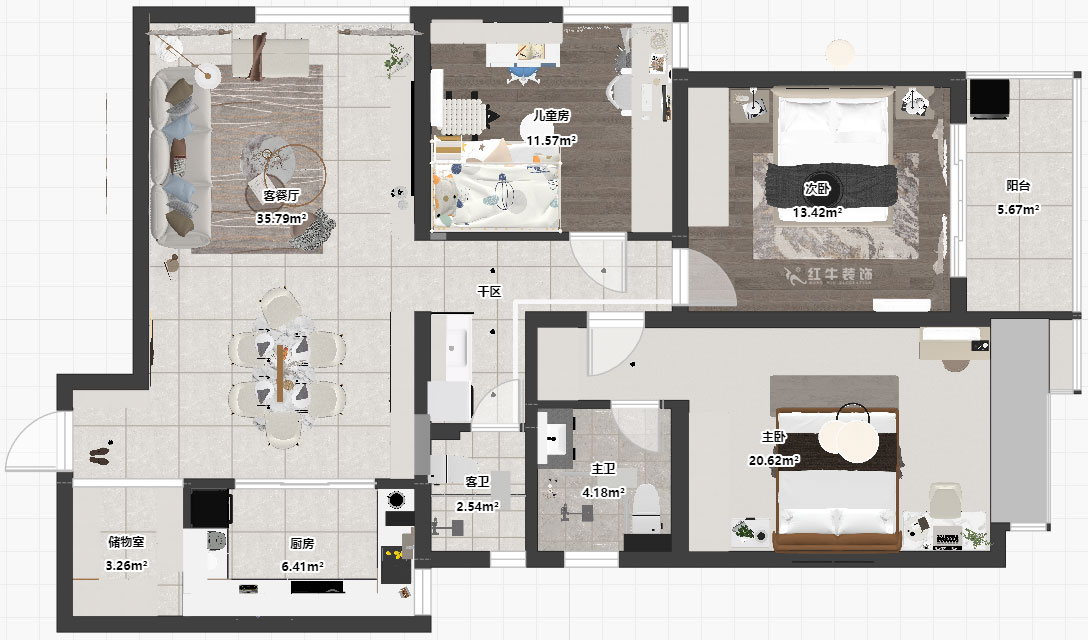 朱彥｜清江西苑17-2-1302-132㎡-現代簡約風格｜3室2廳2衛｜老房裝修｜定制家｜全包14萬｜00_03平面彩圖