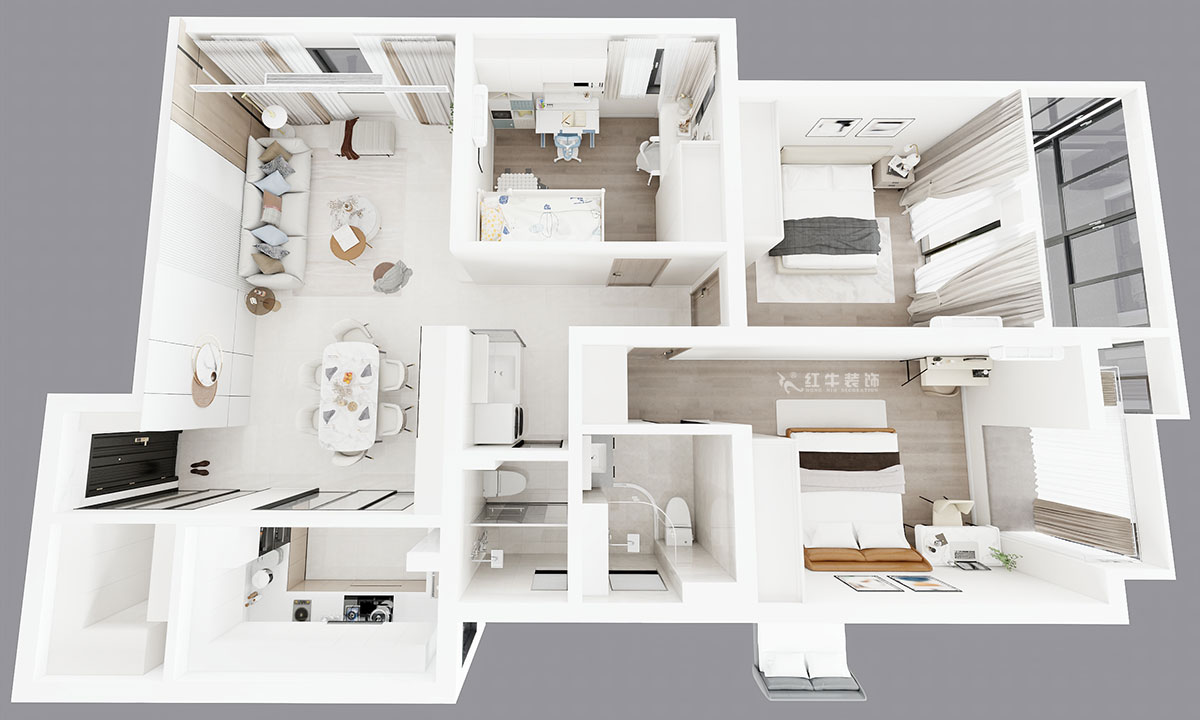 朱彥｜清江西苑17-2-1302-132㎡-現代簡約風格｜3室2廳2衛｜老房裝修｜定制家｜全包14萬｜00_04鳥瞰圖