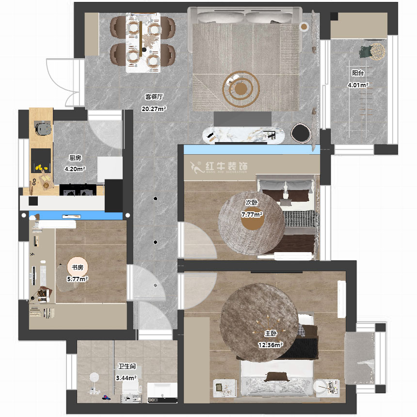 朱彥｜江楓苑南苑1-1-1302-85㎡-現代簡約風格｜3室2廳1衛｜新房裝修｜定制家｜全包10萬｜00_03平面彩圖
