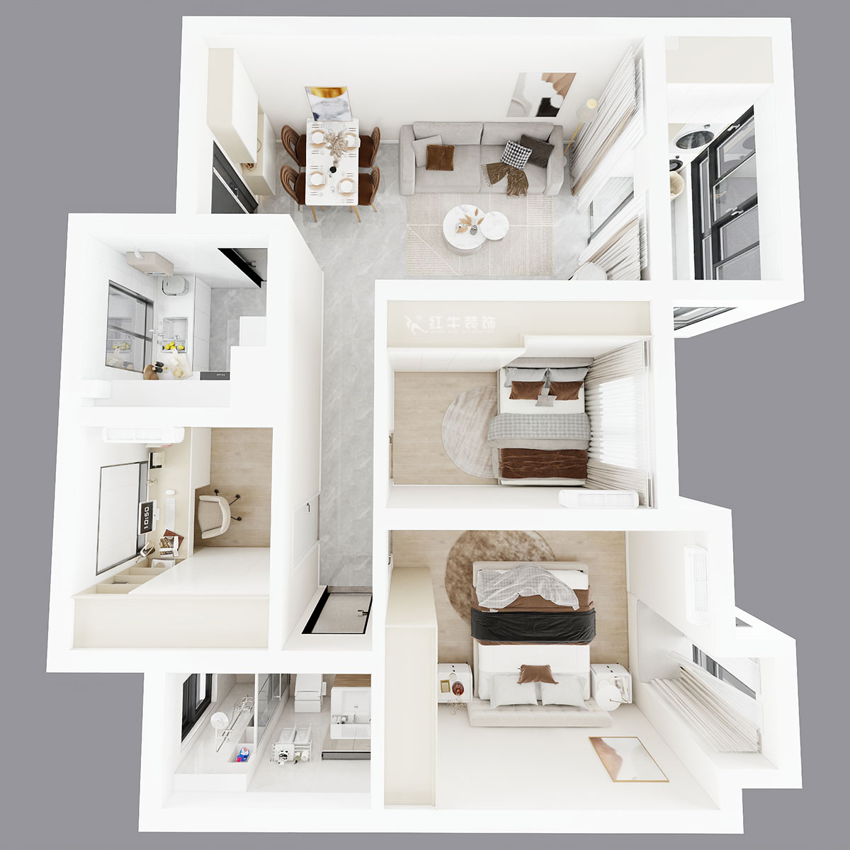 朱彥｜江楓苑南苑1-1-1302-85㎡-現代簡約風格｜3室2廳1衛｜新房裝修｜定制家｜全包10萬｜00_04鳥瞰圖