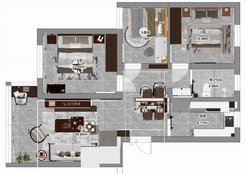 孟憲濤｜攝山星城步青苑18-2-604-120㎡-現代簡約風格｜4室2廳2衛｜毛坯房裝修｜定制家｜全包16萬｜00_05一樓平面彩圖
