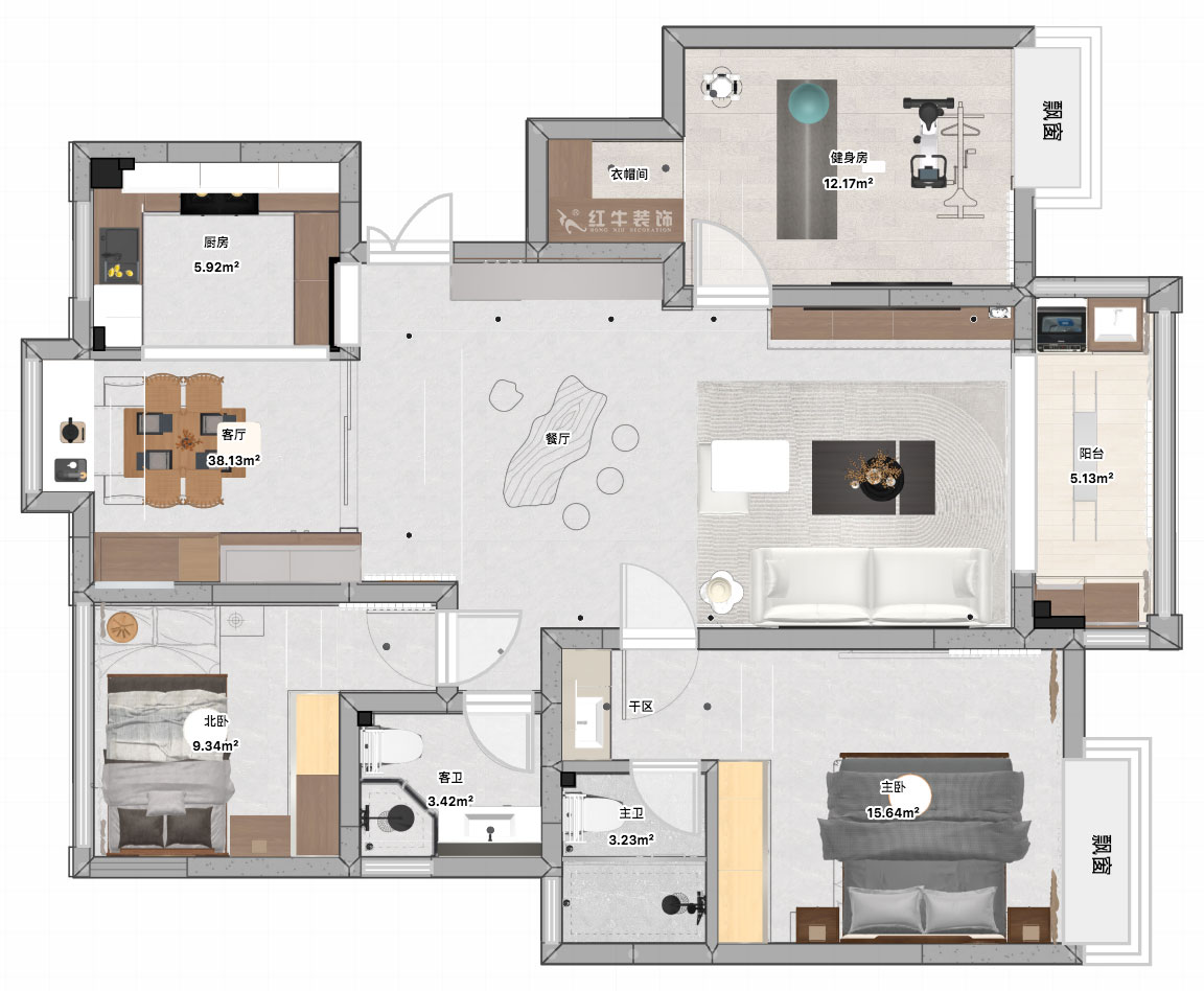 張智猿｜啟迪城博園1-302-114㎡-現代風格｜3室2廳1衛｜新房裝修｜定制家｜全包17萬｜00_04平面彩圖