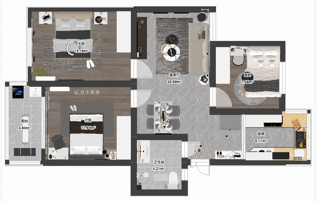 孟憲濤｜龍悅山莊7-402-82㎡-現代簡約風格｜3室2廳1衛｜老房裝修｜定制家｜全包12萬｜00_03平面彩圖