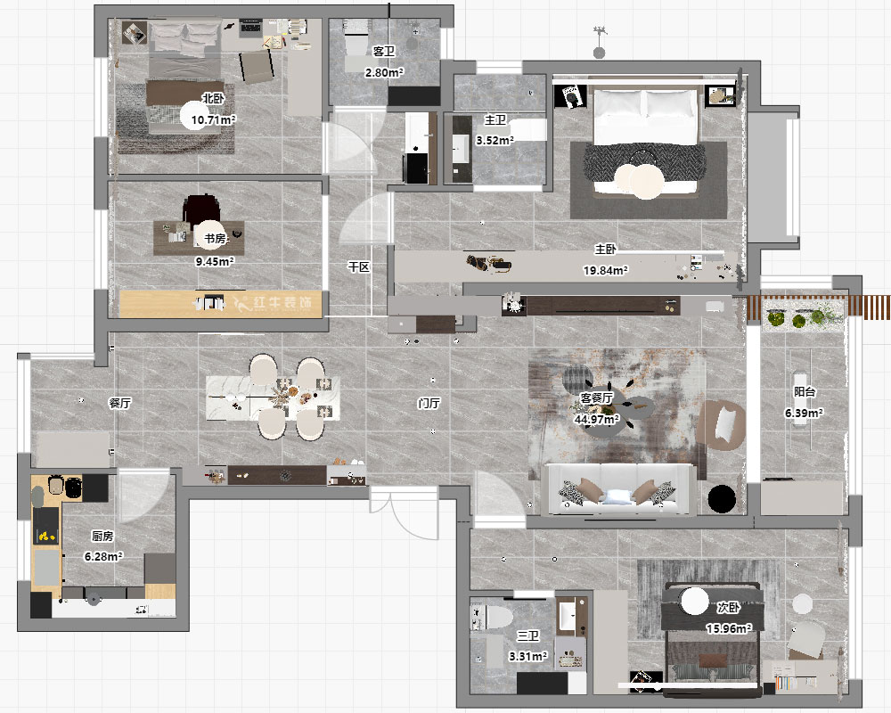 朱彥｜中海桃源里6-2-903-159㎡-現代簡約風格｜4室2廳3衛｜新房裝修｜定制家｜全包21萬｜00_03平面彩圖
