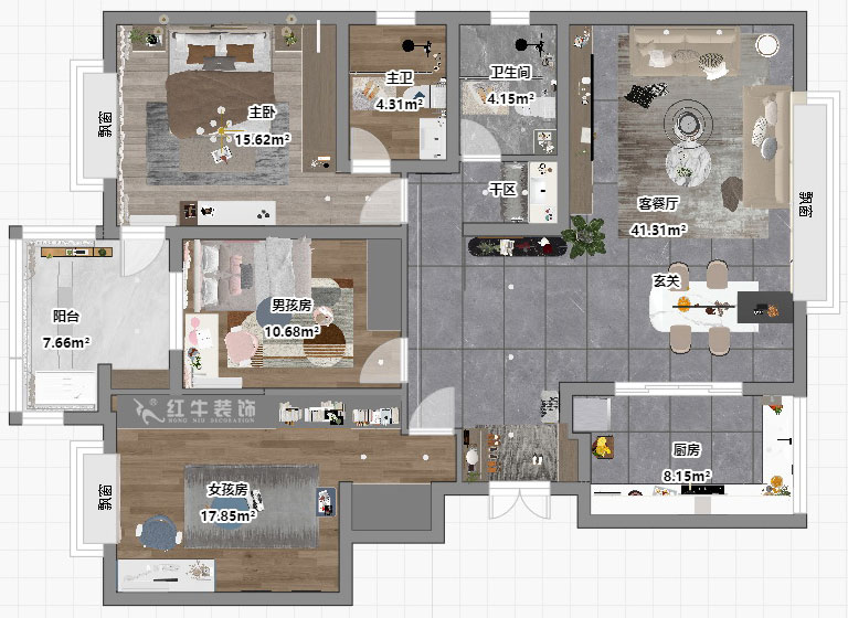 吳波｜楓丹白露8-3-402-140㎡-現代風格｜3室2廳2衛｜新房裝修｜定制家｜全包18萬｜00_04平面彩圖