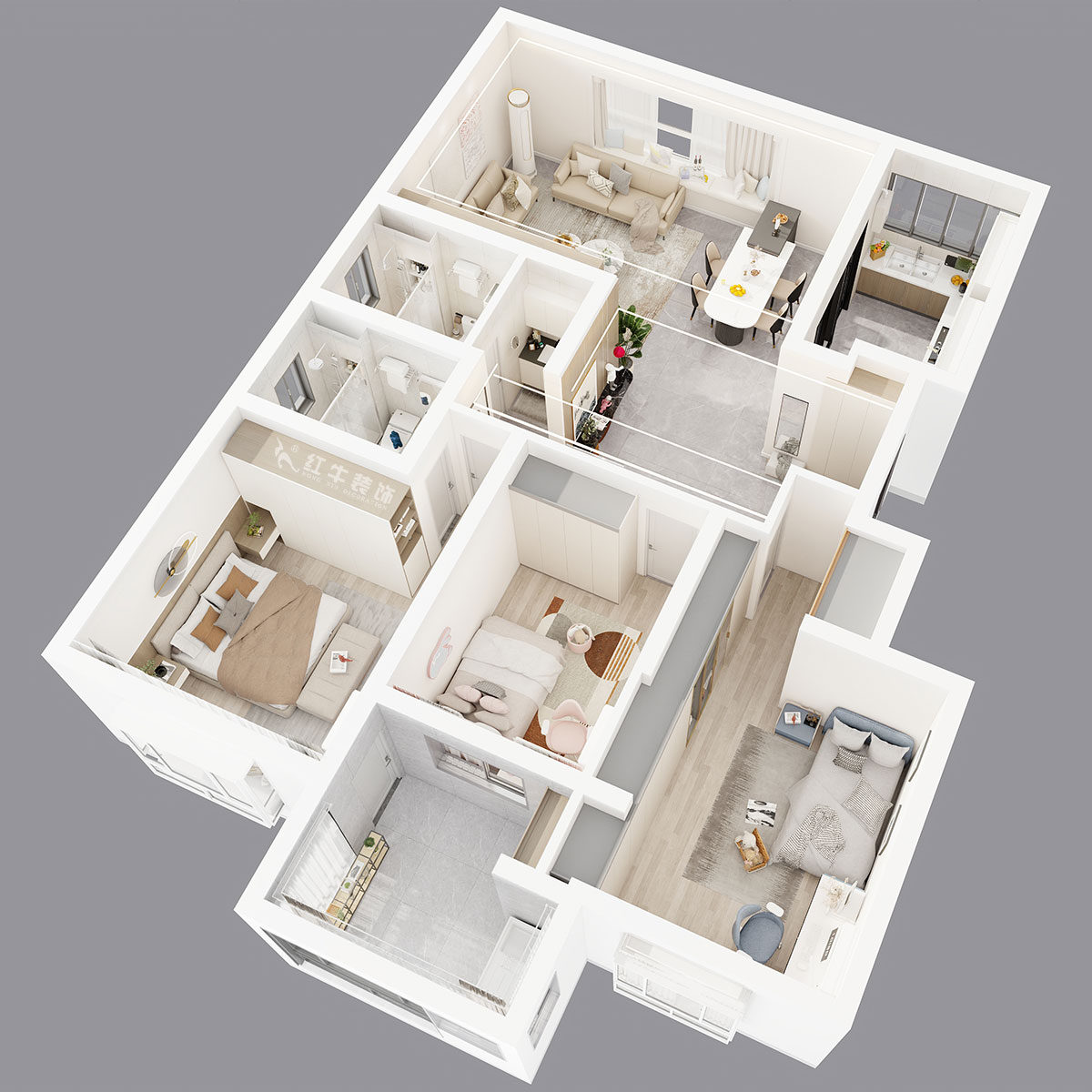 吳波｜楓丹白露8-3-402-140㎡-現代風格｜3室2廳2衛｜新房裝修｜定制家｜全包18萬｜00_05鳥瞰圖