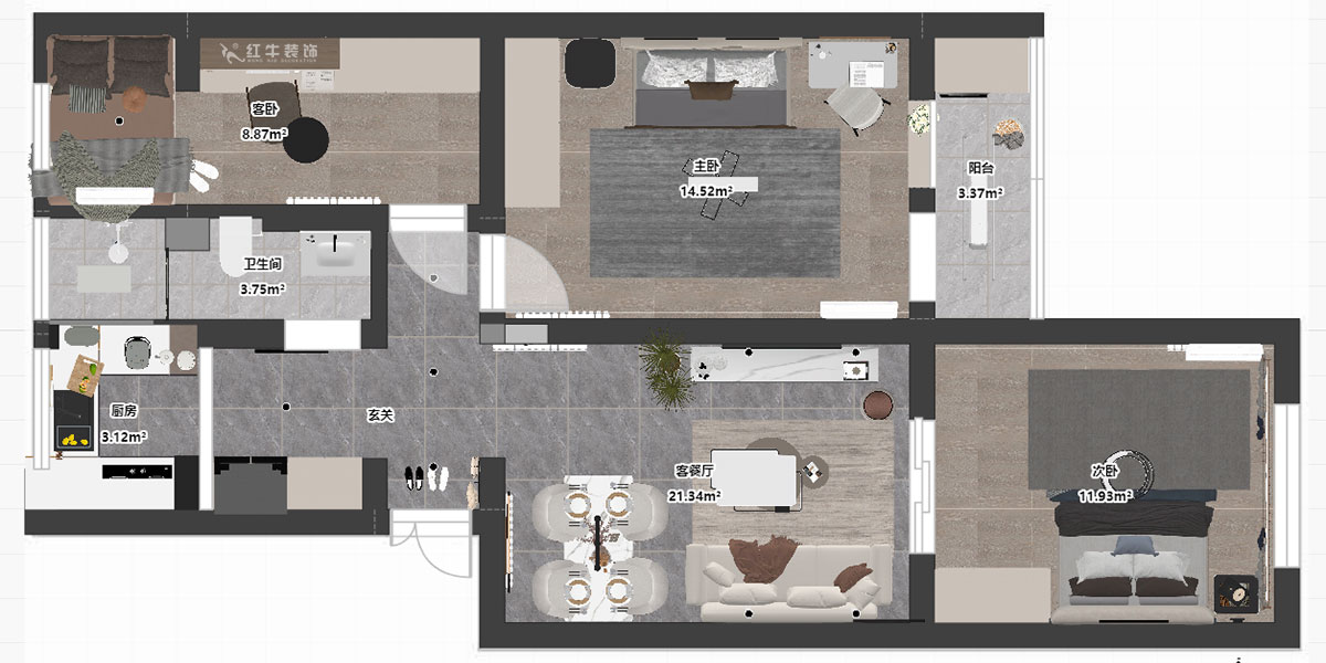 孟憲濤｜理工大121棟4-208-82㎡-現代簡約風格｜3室2廳1衛｜老房裝修｜定制家｜全包12萬｜00_03平面彩圖