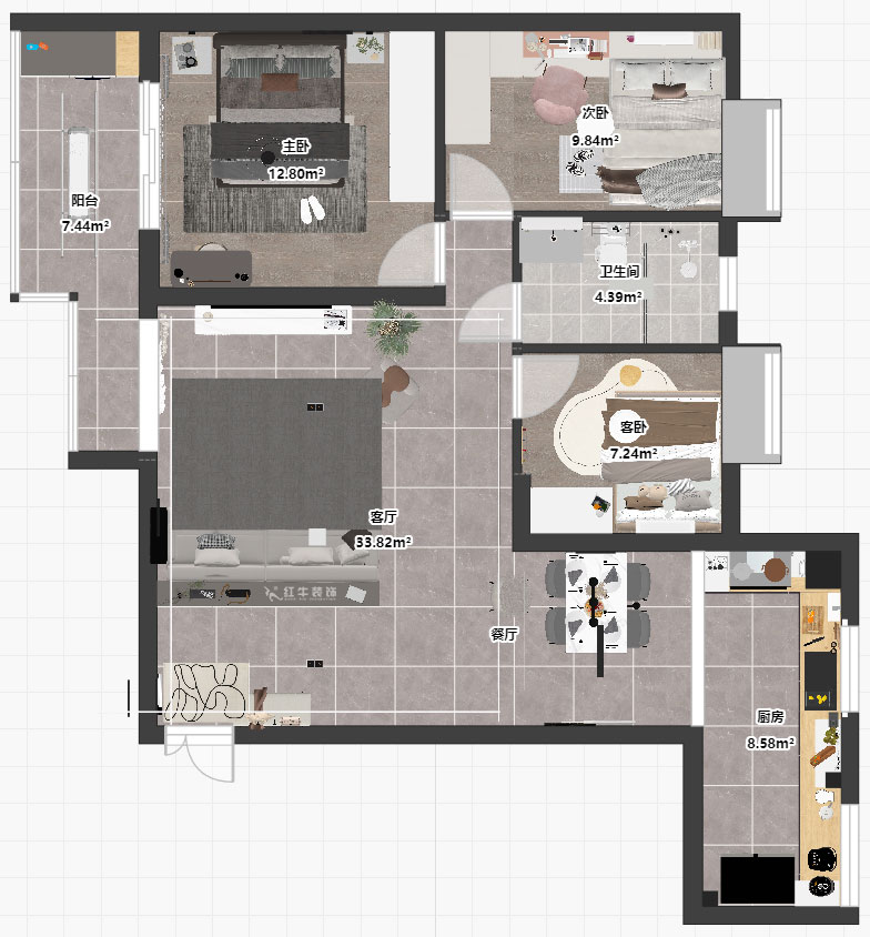 孟憲濤｜橋西苑2-1-1104-108㎡-簡約風格｜3室2廳1衛｜老房裝修｜定制家｜全包14萬｜00_03平面彩圖