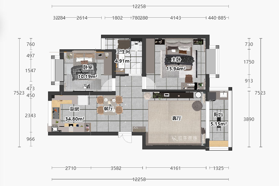 朱明琪｜挪威森林14-705-90㎡-現代風格｜2室2廳1衛｜老房裝修｜定制家｜全包13萬｜00_03平面彩圖