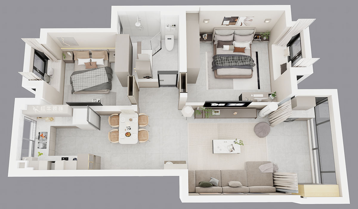 朱明琪｜挪威森林14-705-90㎡-現代風格｜2室2廳1衛｜老房裝修｜定制家｜全包13萬｜00_04鳥瞰圖