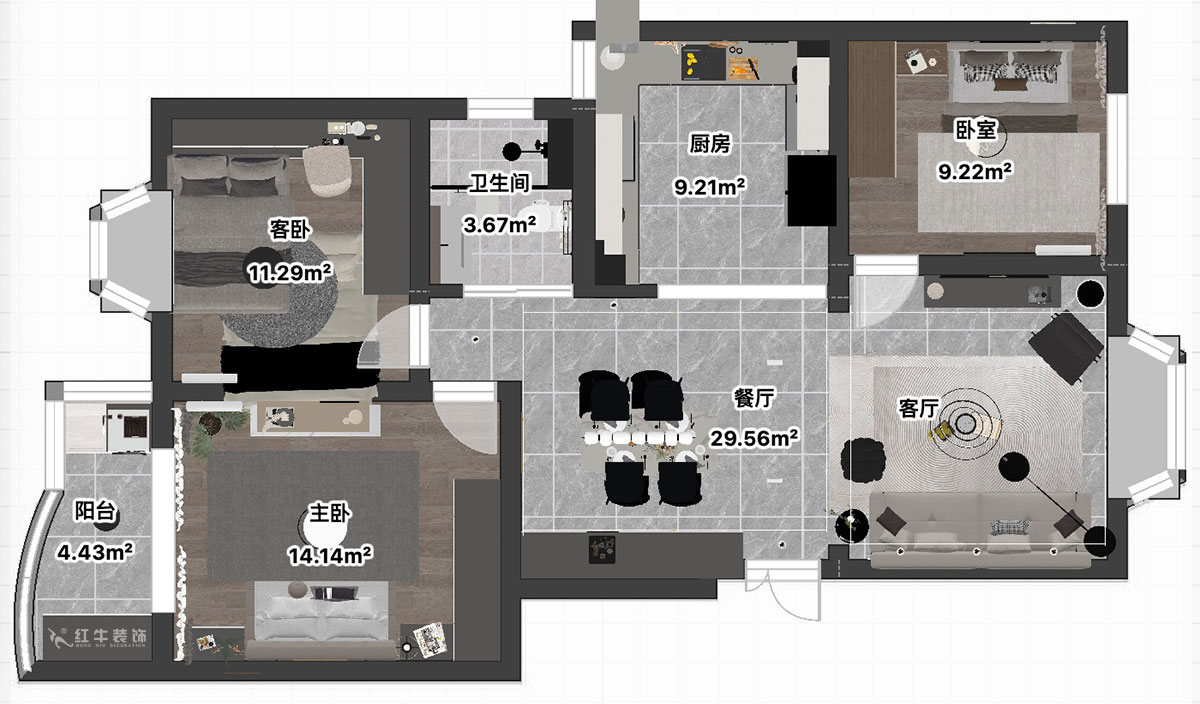 吳波｜良城美景15-1-902-105㎡-現代簡約風格｜3室2廳1衛｜舊房裝修｜定制家｜全包14萬｜00_04平面彩圖