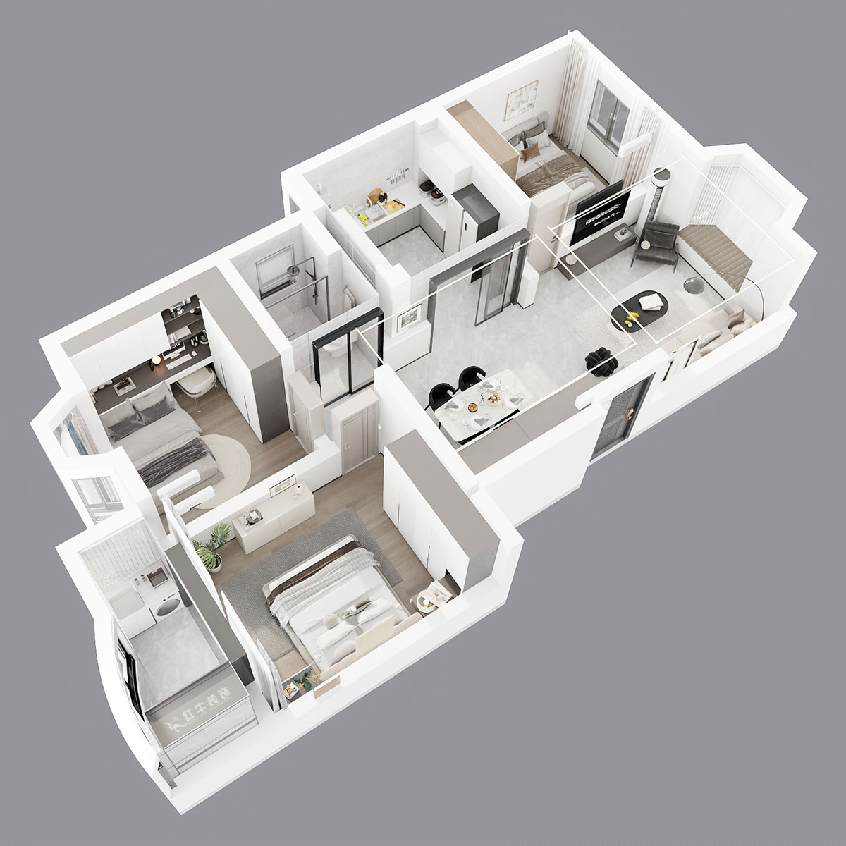 吳波｜良城美景15-1-902-105㎡-現代簡約風格｜3室2廳1衛｜舊房裝修｜定制家｜全包14萬｜00_05鳥瞰圖