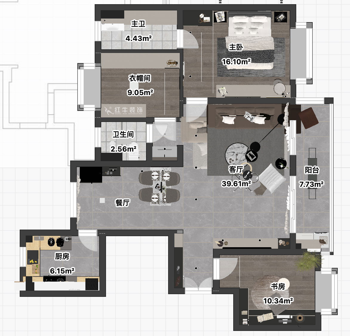 朱彥｜鐘山峰景15-803-128㎡-簡約風格｜3室2廳2衛｜新房裝修｜定制家｜全包13萬｜00_03平面彩圖