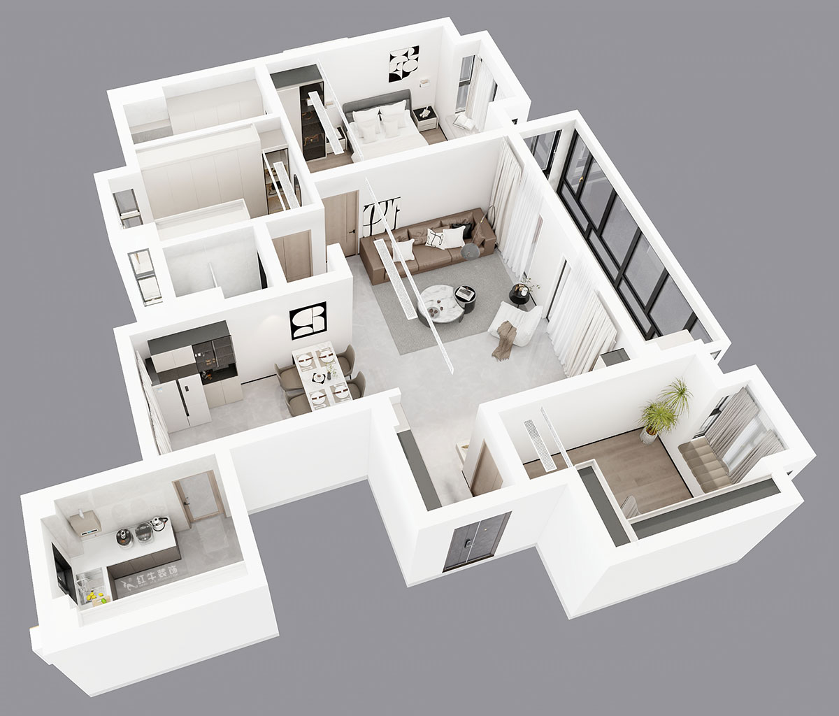朱彥｜鐘山峰景15-803-128㎡-簡約風格｜3室2廳2衛｜新房裝修｜定制家｜全包13萬｜00_04鳥瞰圖