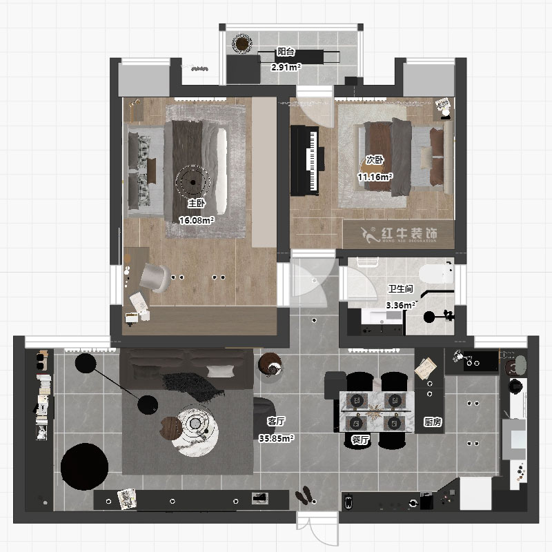 劉萍萍｜潤花園2-2-202-94㎡-現代簡約風格｜2室2廳1衛｜老房裝修｜定制家｜全包13萬｜00_04平面彩圖