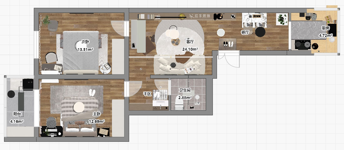 朱彥｜東大影壁1號304-79㎡-簡約風格｜2室2廳1衛｜老房裝修｜定制家｜全包11萬｜00_03平面彩圖