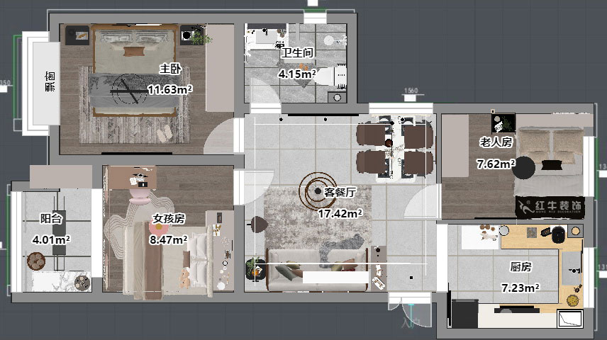 吳波｜鳳悅北園3-1-1306-87㎡-現代簡約風格｜3室2廳1衛｜舊房裝修｜定制家｜全包12萬｜00_04平面彩圖