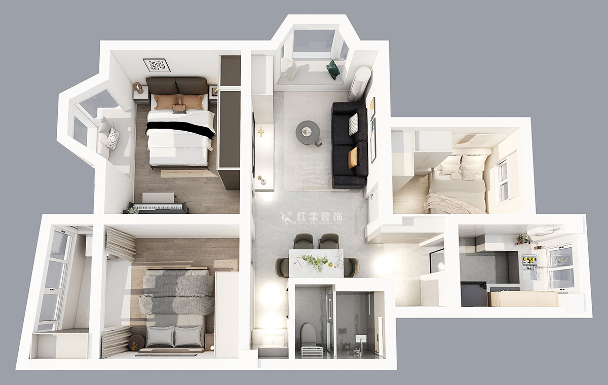 朱明琪｜曙光里4-15-102-87㎡-現代簡約風格｜3室1廳1衛｜老房裝修｜定制家｜全包14萬｜00_04鳥瞰圖