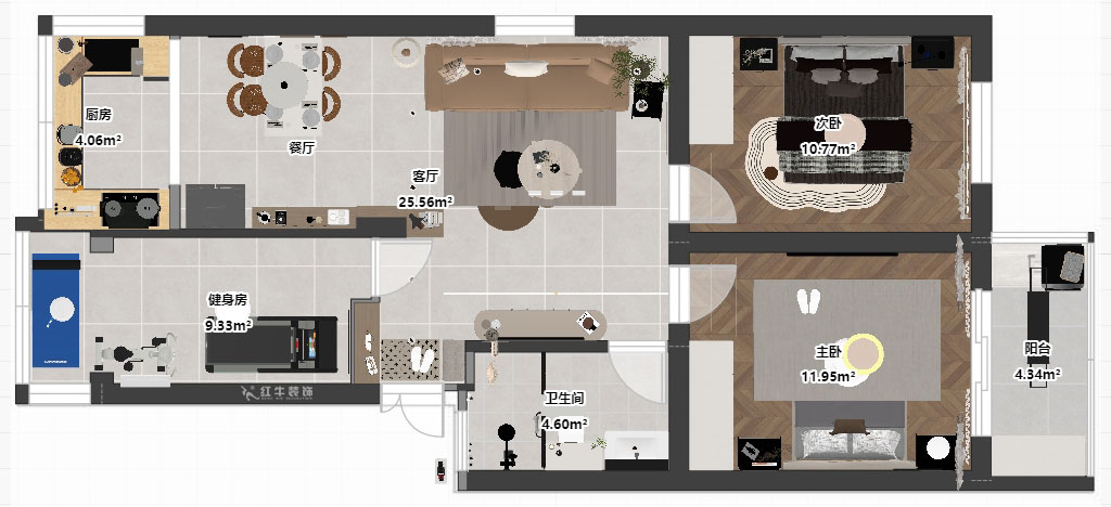 仇美蓉｜鐘山山莊23-1-201-87㎡-簡約風格｜3室2廳1衛｜老房裝修｜定制家｜全包12萬｜00_03平面彩圖
