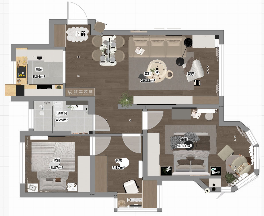 蔣琛｜中南世紀雅苑二期4-504-93㎡-現代簡約風格｜3室1廳1衛｜毛坯房裝修｜定制家｜全包12萬｜00_03平面彩圖