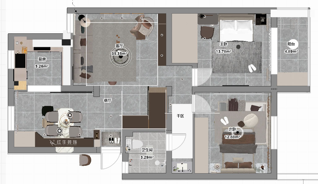 仇美蓉｜太平花苑（北苑）53-601-90㎡-簡約風格｜2室2廳1衛｜老房裝修｜定制家｜全包12萬｜00_05平面彩圖
