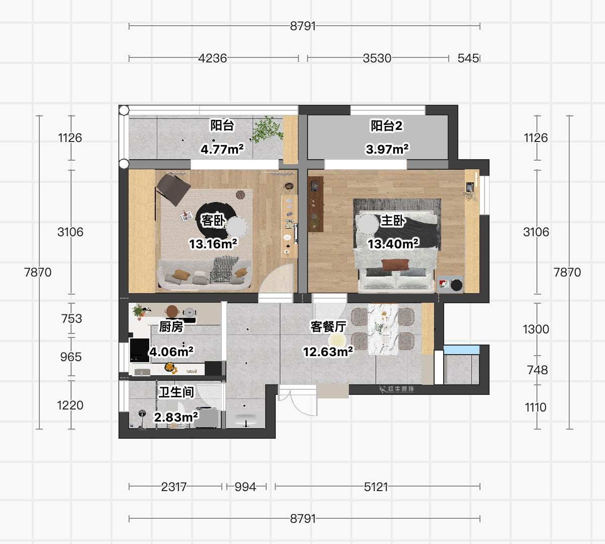 顧娟｜東白菜園57-404-63㎡-現代風格｜2室2廳1衛｜舊房裝修｜定制家｜全包11