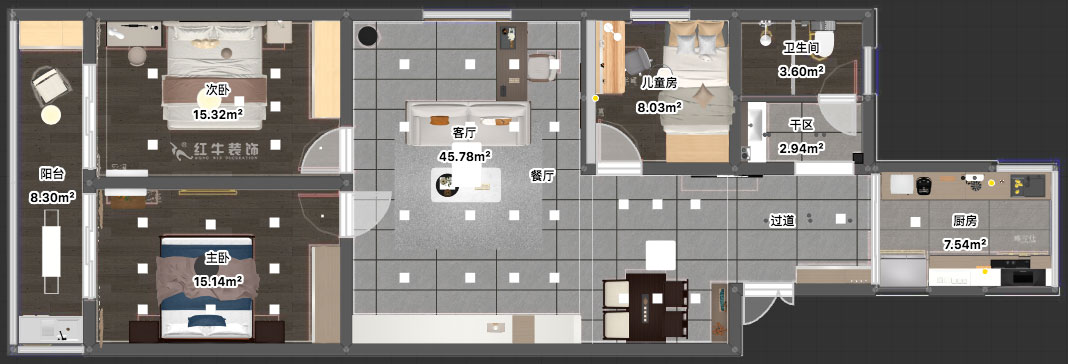 劉小勇｜桃葉渡13-402-125㎡-現代簡約風格｜3室2廳2衛｜老房裝修｜定制家｜全包15萬｜00_03平面彩圖