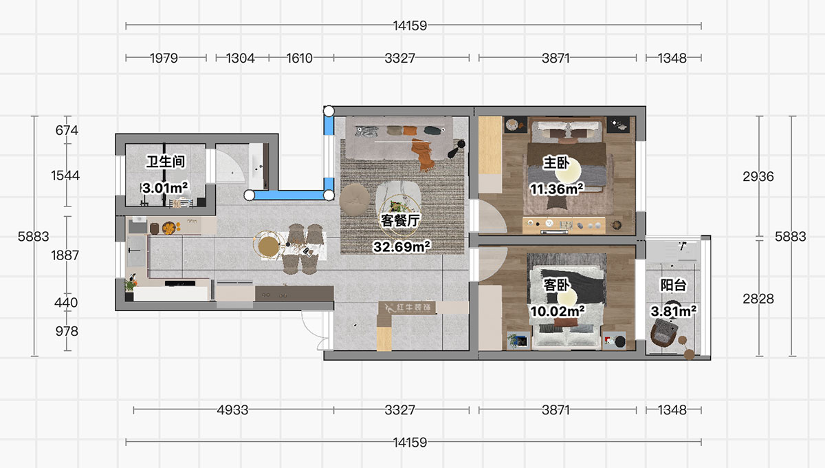 顧娟｜曹后村30號大院4-3-304-75㎡-現代風格｜2室2廳1衛｜舊房裝修｜定制家｜全包12
