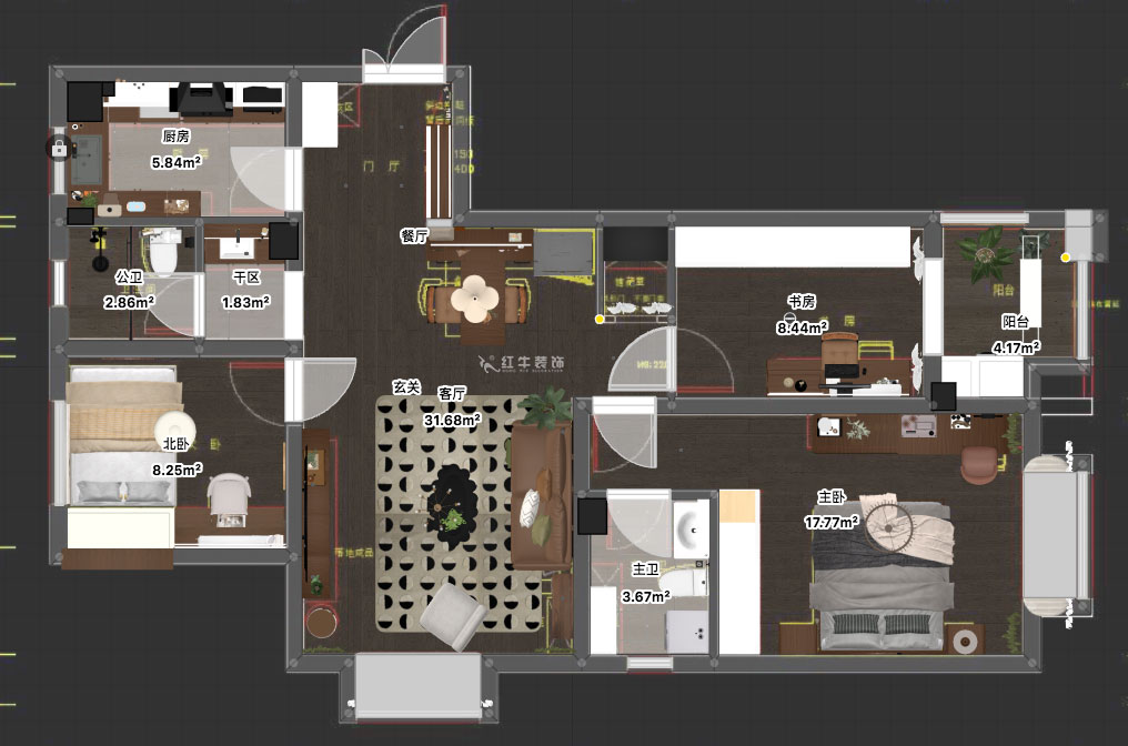 蔣?。鹩驀H10-2004-105㎡-現代簡約風格｜3室1廳1衛｜毛坯裝修｜定制家｜全包12萬｜00_03平面彩圖