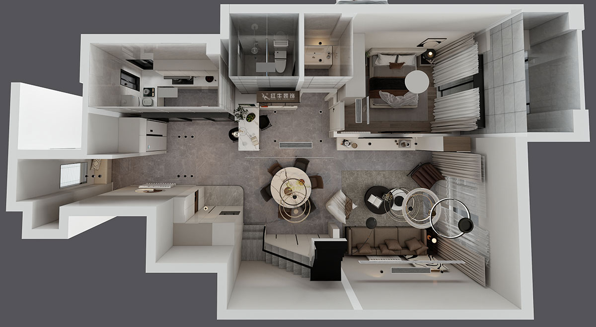 蔣琛｜泰山魯能七號院6-205-280㎡-現代簡約風格｜復式｜4室2廳3衛｜毛坯裝修｜定制家｜全包40萬｜00_07一層鳥瞰圖