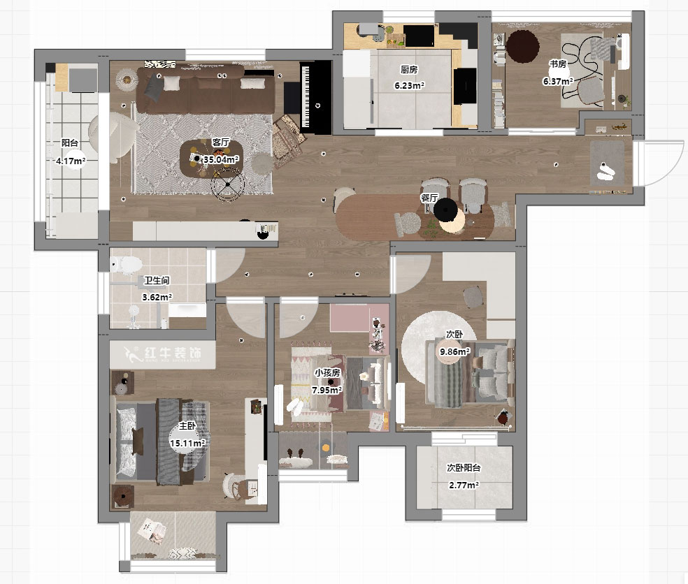 仇美蓉｜熊貓匯智家園2-2-1106-110㎡-簡(jiǎn)約風(fēng)格｜4室2廳1衛(wèi)｜老房裝修｜定制家｜全包12萬｜00_03平面彩圖