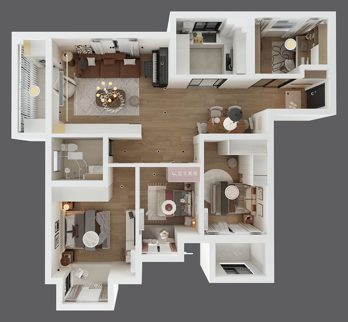 仇美蓉｜熊貓匯智家園2-2-1106-110㎡-簡(jiǎn)約風(fēng)格｜4室2廳1衛(wèi)｜老房裝修｜定制家｜全包12萬｜00_04鳥瞰圖