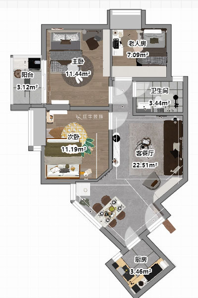 吳波｜盈家春天10-1203-80㎡-現代簡約風格｜3室2廳1衛｜舊房裝修｜改造家｜全包11萬｜00_04平面圖