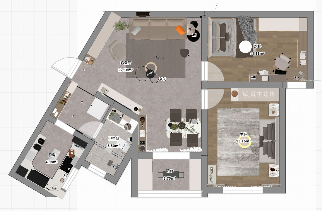 蔣琛｜龍江小區陽光廣場5-2002-90㎡-現代簡約風格｜2室2廳1衛｜二手房裝修｜定制家｜全包12萬｜00_03平面彩圖