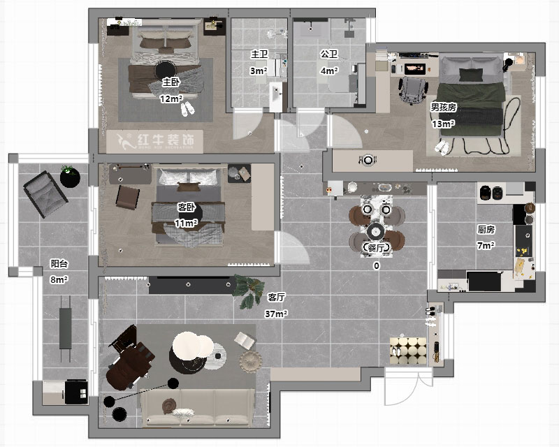 魏明花｜紫金東郡57-504-113㎡-現代簡約風格｜3室2廳2衛｜二手房改造｜定制家｜全包16萬｜00_03平面彩圖