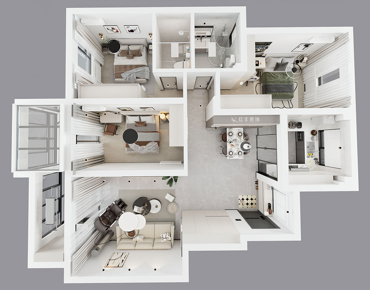 魏明花｜紫金東郡57-504-113㎡-現代簡約風格｜3室2廳2衛｜二手房改造｜定制家｜全包16萬｜00_04鳥瞰圖